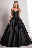 Black Ball Gown A Line Satin Sweetheart Maxi Prom Dress with Sequins