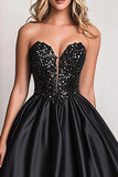 Black Ball Gown A Line Satin Sweetheart Maxi Prom Dress with Sequins