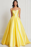 Yellow A Line Satin Sweetheart Spaghetti Straps Maxi Prom Dress