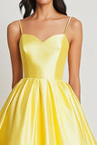 Yellow A Line Satin Sweetheart Spaghetti Straps Maxi Prom Dress
