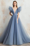 Grey Blue A Line Tulle V-Neck Maxi Prom Dress with Ruffles