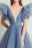 Grey Blue A Line Tulle V-Neck Maxi Prom Dress with Ruffles