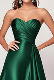 Dark Green A Line Satin Strapless Maxi Prom Dress