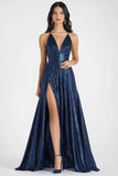 Sparkly Navy A Line Sequined V-Neck Maxi Prom Dress with Slit