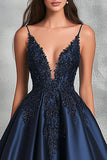 Navy Ball Gown Satin V-Neck Appliqued A Line Maxi Prom Dress