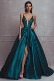 Dark Green Ball Gown V Neck Satin Beaded Maxi Prom Dress with Slit