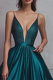 Dark Green Ball Gown V Neck Satin Beaded Maxi Prom Dress with Slit
