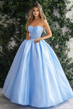 Sky Blue Ball Gown Strapless Maxi Prom Dress with Appliques