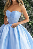 Sky Blue Ball Gown Strapless Maxi Prom Dress with Appliques