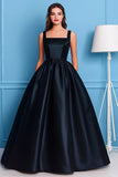 Black A Line Satin Square Neck Sleeveless Maxi Prom Dress