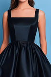 Black A Line Satin Square Neck Sleeveless Maxi Prom Dress