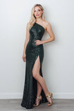 Sparkly Black Sequined One Shoulder Maxi Prom Dress with Slit