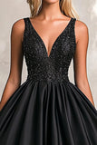 Glitter Black Ball Gown Satin V-Neck Maxi Prom Dress