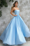 Sky Blue A Line Strapless Sleeveless Maxi Prom Dress