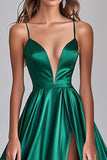 Dark Green A Line Satin V-Neck Sleeveless Maxi Prom Dress with Slit