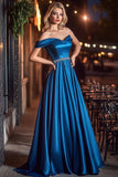 Royal Blue A Line Satin Off the Shoulder Pleated Maxi Prom Dress