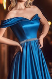 Royal Blue A Line Satin Off the Shoulder Pleated Maxi Prom Dress