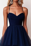 Navy A Line Spaghetti Straps Tiered Long Tulle Prom Dress