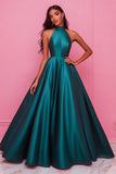 Dark Green Ball Gown Satin Halter Sleeveless Long Prom Dress