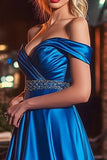 Elegant Royal Blue A Line Satin Off the Shoulder Maxi Prom Dress