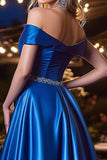Elegant Royal Blue A Line Satin Off the Shoulder Maxi Prom Dress