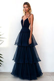 A Line Navy Tulle Spaghetti Straps V-Neck Tiered Long Prom Dress
