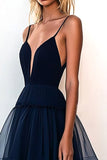 A Line Navy Tulle Spaghetti Straps V-Neck Tiered Long Prom Dress