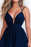 Navy A Line Tulle Spaghetti Straps Tiered Maxi Prom Dress