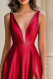 Red A Line Satin V Neck Sleeveless Maxi Prom Dress with Slit