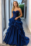 Navy A Line Strapless Long Prom Dress with Ruffles