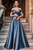 Dusty Blue Off the Shoulder A Line Satin Long Prom Dress