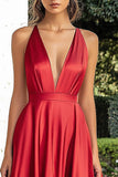 A Line Deep V-Neck Red Satin Long Prom Dress with Slit