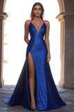 Royal Blue Sequined Long Sparkly Prom Dress with Slit