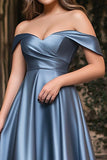 Dusty Blue A Line Off the Shoulder Maxi Satin Prom Dress