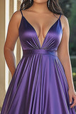 Plum A Line Spaghetti Straps V Neck Satin Long Prom Dress