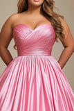 Pink Ball Gown Strapless Pleated Satin Long Prom Dress
