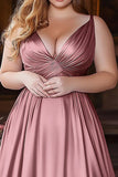 Dusty Rose A Line V Neck Satin Long Plus Size Prom Dress