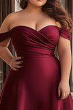 Burgundy A Line Ruched Satin Plus Size Maxi Prom Dress