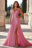 Sparkly Pink Mermaid Sequined Spaghetti Straps Long Prom Dress with Slit