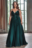 Dark Green A Line Ruched Satin Long Plus Size Prom Dress with Sash