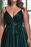 Dark Green A Line Ruched Satin Long Plus Size Prom Dress with Sash