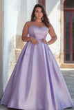 Plus Size Lilac A Line Satin Strapless Long Prom Dress
