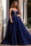 Navy A Line Tulle Plus Size Long Prom Dress with Appliques