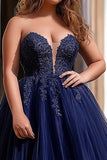Navy A Line Tulle Plus Size Long Prom Dress with Appliques