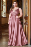 Dusty Rose A Line V Neck Ruched Satin Plus Size Long Prom Dress