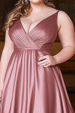 Dusty Rose A Line V Neck Ruched Satin Plus Size Long Prom Dress