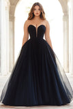 Black Ball Gown Tulle Strapless Maxi Prom Dress