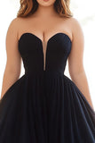 Black Ball Gown Tulle Strapless Maxi Prom Dress
