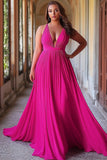 Fuchsia A Line V-Neck Pleated Plus Size Long Prom Dress