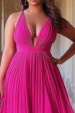 Fuchsia A Line V-Neck Pleated Plus Size Long Prom Dress